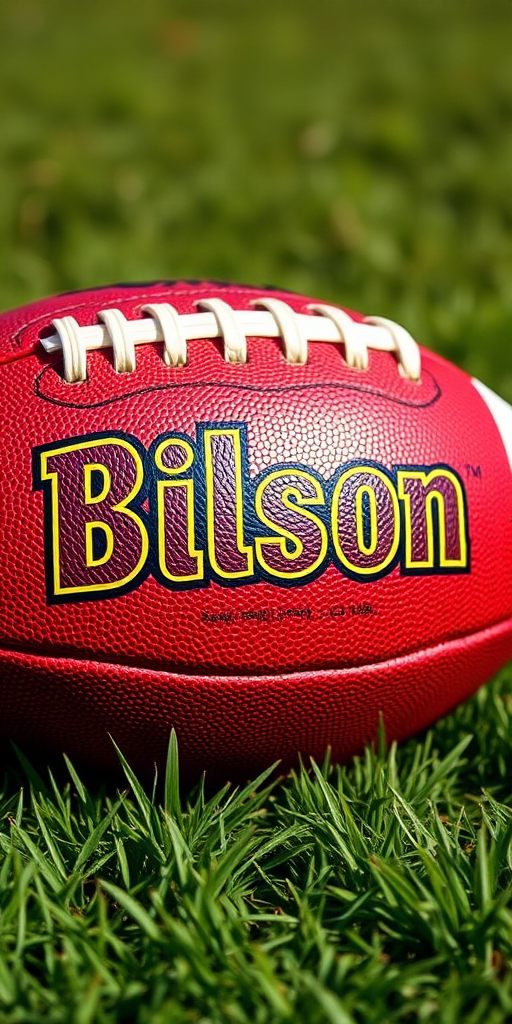 Create an image of a football with a shiny, vibrant texture featuring the name "Bilson" in bold, playful font, set against a soft-focus grassy background, using a DSLR camera with a 50mm lens, aperture f/2.8, ISO 100, and a slight vignette effect to enhance the subject.