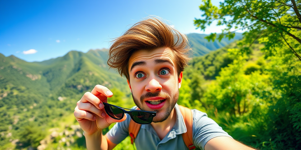 Create a vibrant, cartoon-style image of a man with tousled hair holding sunglasses, surprised expression, standing in a lush green landscape with mountains and blue sky, using a 35mm lens, f/2.8 aperture, 1/200s shutter speed, in bright daylight, shot from eye level with a Canon EOS R camera.