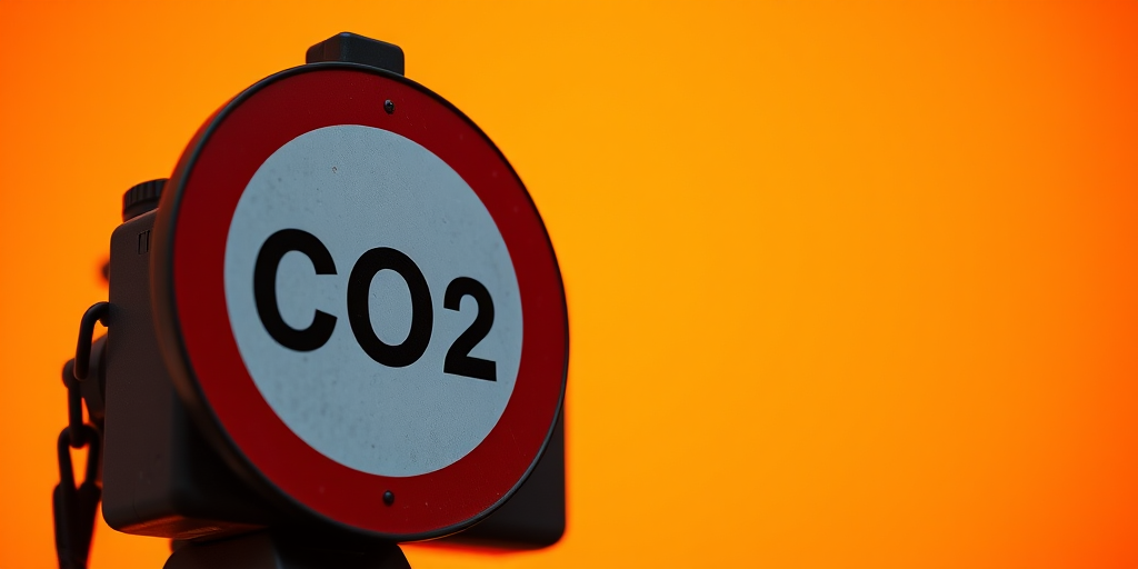 Create an image of a CO2 warning sign with a vibrant orange gradient background, using a DSLR camera with a 50mm lens, aperture set to f/1.8, ISO 100, shot in manual mode from a low angle to enhance foreground detail and depth of field.