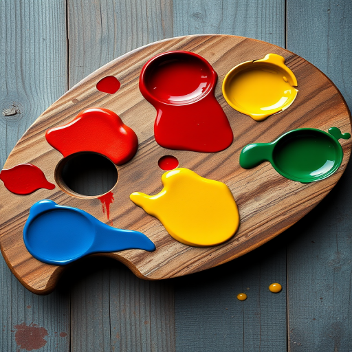 Create a high-resolution image of a wooden artist palette with vibrant red, blue, yellow, and green paint blobs, shot with a Canon EOS 5D Mark IV at f/4, ISO 100, 50mm lens in natural light, top-down view for clarity and depth.