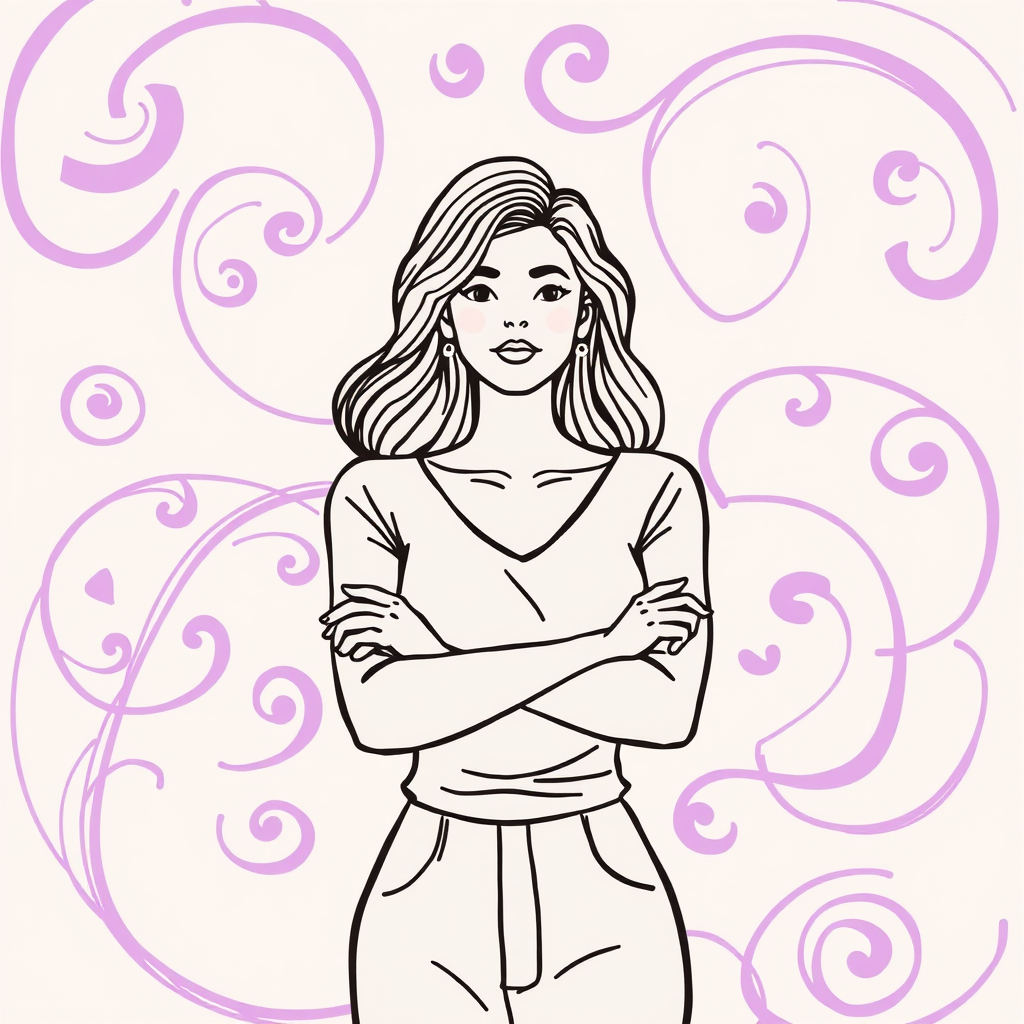 Create an illustration celebrating International Women's Day, featuring a stylized line drawing of a woman with crossed arms, surrounded by soft purple swirling patterns, shot with a digital camera at f/2.8, ISO 100, and a 50mm lens for a shallow depth of field.