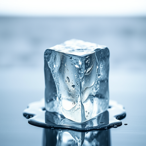 A realistic depiction of a melting ice cube with a glossy surface reflecting light, shot with a DSLR camera at f/4 aperture, ISO 100, 50mm lens, center focus, in natural soft lighting to enhance clarity and texture.