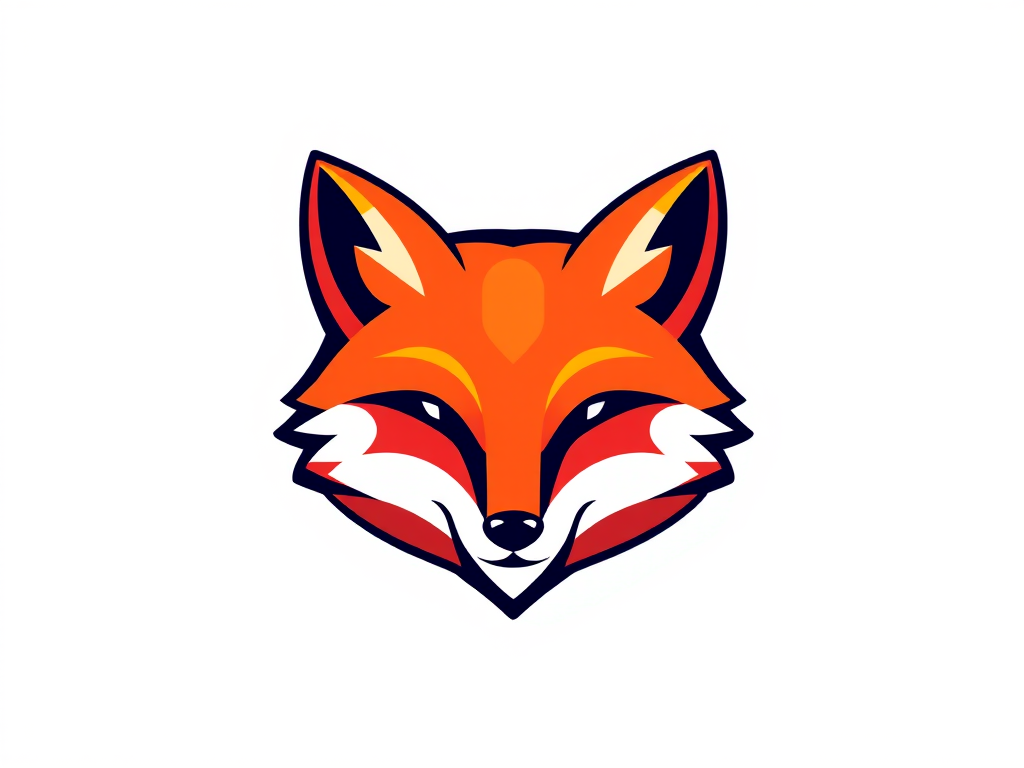 Generate a high-resolution image of a stylized fox logo with a smooth vector design, bright colors, and a modern aesthetic, using a Canon EOS R5 camera, 50mm f/1.2 lens, at ISO 100, aperture f/1.2, and shutter speed 1/200s, captured in a balanced, centered composition.