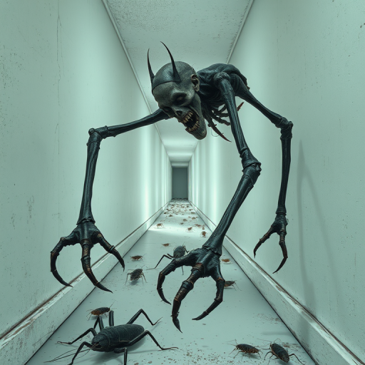 a crooked male with long arms and a creepy smile is crawling along a long white corridor and you can also see cockroaches in it there is a creepy atmosphere creepy art style