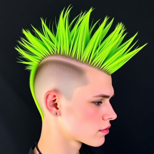 Rebellious neon green mohawk with shaved sides featuring intricate geometric patterns, styled in a gravity-defying spiky formation for maximum impact