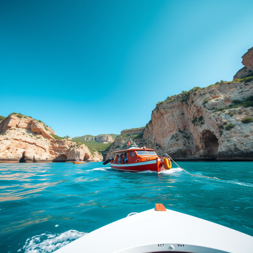 high-resolution image of a boat with passengers on a turquoise sea, surrounded by cliffs and greenery, captured with a DSLR camera at 1/250s, f/8, ISO 100, using a wide-angle lens from a low angle for a dynamic perspective and vibrant colors