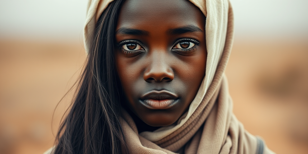 Create a portrait of a young Zulu woman with long, dark hair and captivating hazel eyes. She is wearing a white headscarf and a matching scarf draped gracefully around her neck. The background is softly blurred, focusing attention on her serene and natural expression. The overall color palette is muted and warm, enhancing the intimate and authentic feel of the portrait.