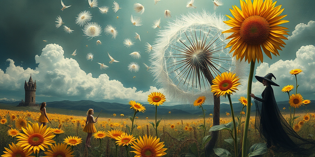 A surreal allegory featuring ethereal fairies, towering sunflowers, and an enigmatic witch, all set within a dreamlike landscape. The scene is dominated by a colossal dandelion, its delicate seeds floating through the air, reminiscent of Yves Tanguy's abstract forms. The environment is a blend of otherworldly elements and natural beauty, with twisted, elongated shapes and surreal colors that evoke a sense of mystery and enchantment.