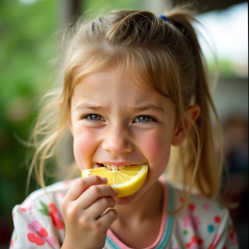 A candid photograph of a young girl biting into a slice of lemon. Her face is scrunched up from the sour taste, capturing a moment of surprise and playfulness. She has light brown hair, tied back in a ponytail, and wears a casual, colorful top. The background is softly blurred, keeping focus on her expression and the lemon slice. Natural lighting illuminates her face, highlighting her reaction with a soft, warm tone. The image has a bright and cheerful atmosphere, with a high contrast. The photo was captured with a 50mm lens and shot on Kodak Portra 160 film.