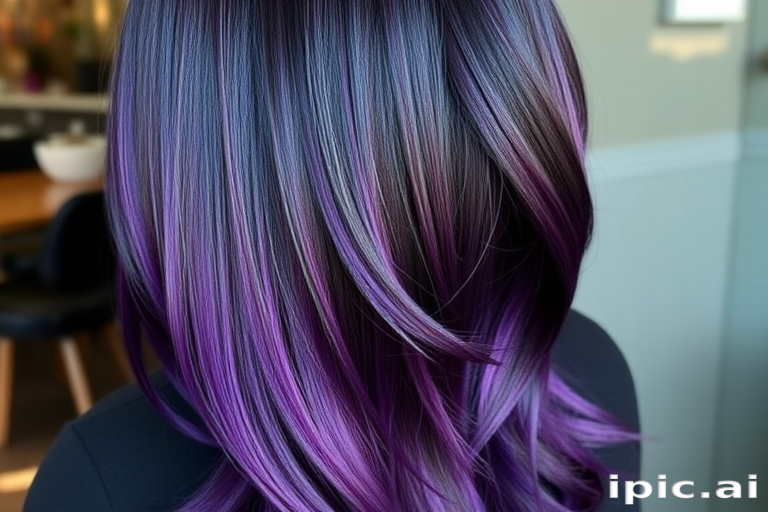 Regal deep purple to indigo ombre flows from dark roots to jewel-toned ends, styled in sleek straight strands with a glass-like shine