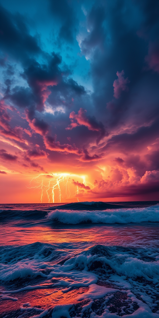 Generate a vibrant digital artwork of a dramatic sea storm at dusk with vivid lightning, swirling clouds, and turbulent waves, captured with a DSLR camera at f/11, ISO 100, 1/200 sec, wide-angle view, using a high dynamic range style.