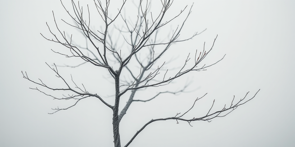 Create a detailed image of a bare tree in a minimalist style with intricate branches, taken with a Canon EOS R5 at f/8, ISO 100, 1/250 sec, using a macro lens for enhanced texture and detail, and positioned against a soft gradient background for contrast.