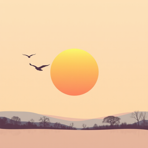 Create a minimalistic landscape illustration featuring a large sun setting in a pastel sky with a few stylized birds flying, emphasizing geometric shapes, captured with a DSLR camera at f/8 aperture, ISO 100, using a wide-angle lens with a panoramic view for enhanced clarity and color vibrancy.