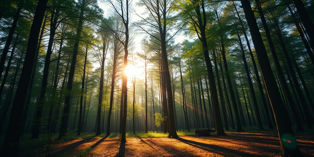 Create a high-resolution image of a tranquil forest scene with sunlight filtering through the trees, use a 50mm lens at f/1.8, ISO 100, shutter speed 1/200s, captured from a low angle view using a DSLR camera with a natural color palette and enhanced detail.