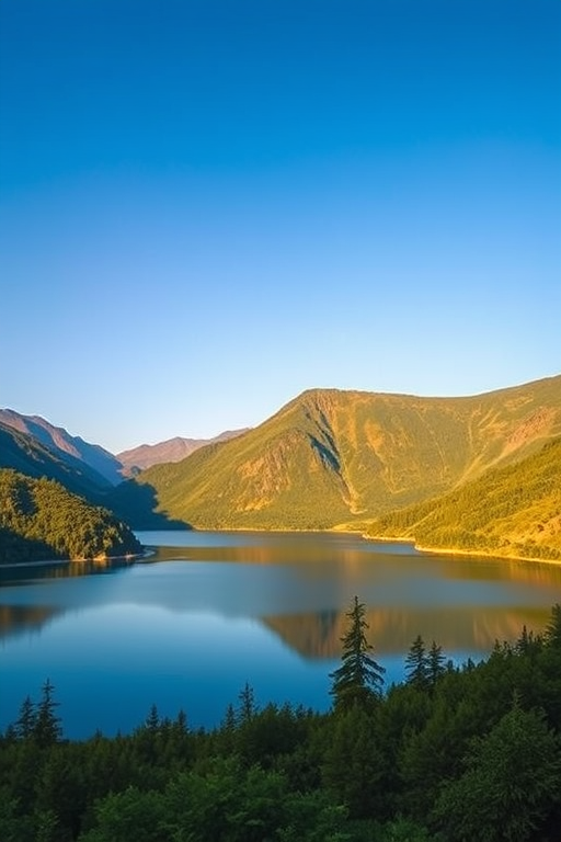 Create an image of a serene landscape featuring a tranquil lake surrounded by lush green mountains under a clear blue sky, shot with a Canon EOS R5 camera, 50mm lens, f/1.8 aperture, ISO 100, at sunrise with a focus on vibrant colors and sharp details.