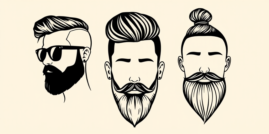 Create a high-resolution illustration of three distinct stylized male hairstyles with varying beards: one wearing sunglasses, one with a blank face, and one with a top knot, in a minimalist style on a light beige background; use a DSLR camera with a 50mm lens, aperture f/1.8, ISO 100, and soft natural lighting for enhanced detail and texture.