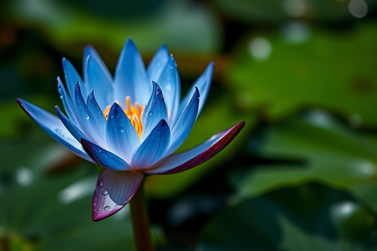 Close-up of a luminous blue water lily with dew drops on petals, surrounded by dark green lily pads, soft bokeh effect in the background, shot with a Canon EOS R5, 85mm f/1.2 lens, aperture f/2.8, ISO 200, shutter speed 1/200 sec, in natural light for enhanced detail and clarity.