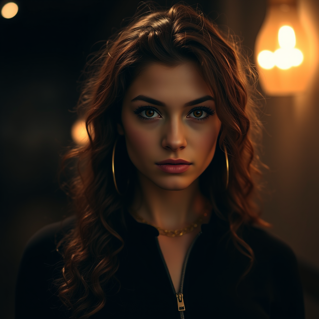A young woman with long, curly brown hair is looking directly at the viewer. She is wearing a black top with a zipper down the front. The setting is a dimly lit interior space, with a warm, golden light emanating from the background. Her expression is neutral, with a hint of seriousness. The image is a close-up portrait with a shallow depth of field, focusing on the woman's face and torso. The background is blurred, creating a soft and intimate atmosphere.  She is wearing large gold hoop earrings, and a small gold chain is visible around her neck.  Her makeup is natural and simple, highlighting her brown eyes. The lighting creates subtle shadows that accentuate her features.  Her skin is smooth and glows in the soft light. The composition is balanced, with the woman's face positioned in the center of the frame.  The image is focused on capturing her beauty and confidence.