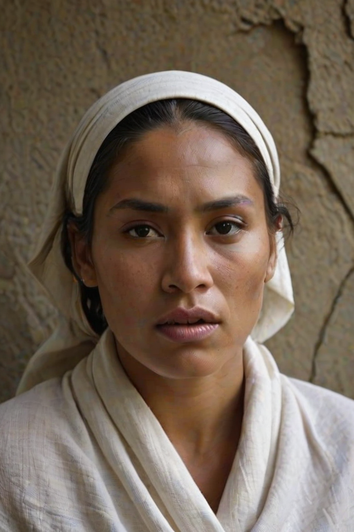 Create a close-up photographic image of a Maori woman with light skin tones shown against an old, worn wall. Their head is wrapped in a white cloth covering (i.e.... parts of the head except the nose and mouth, which are open as if they are screaming...), with a slight texture and visible folds in the fabric. Thin strands of blonde hair escape from the wrapping above, falling lightly at the top and sides. Their hands hold the fabric as if they are tugging nervously. The lighting is dramatic and even, casting strong shadows. The image has a minimalist and surreal style with an emphasis on simplicity with soft color tones. The composition is centered.