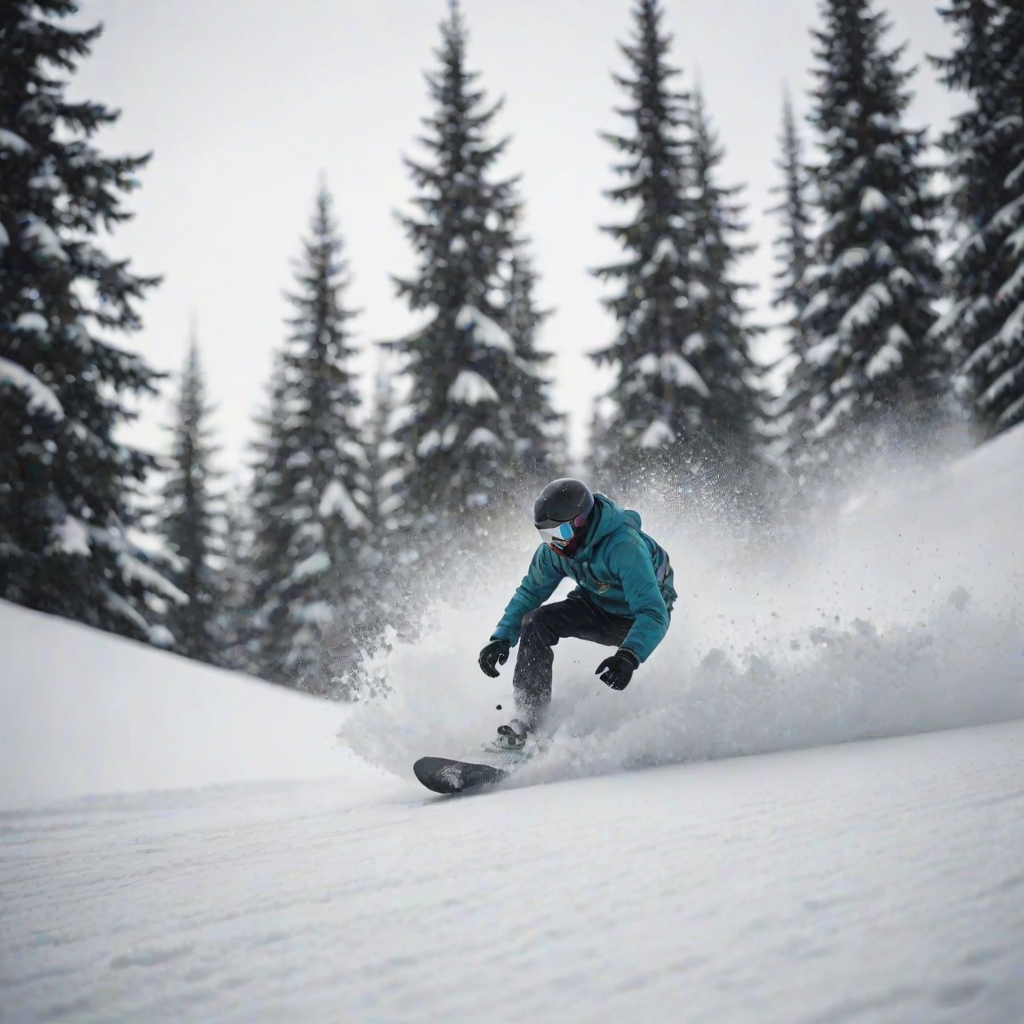 Blurry action shot of a snowboarder carving down a snowy mountain slope, soft focus on the surrounding trees and distant peaks, with a feeling of speed and excitement in the air.