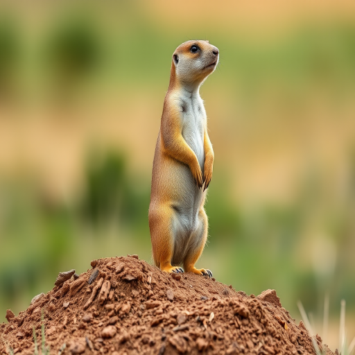 A prairie dog standing upright on a dirt mound in a natural setting, captured with a Canon EOS 5D Mark IV, 200mm lens, f/4 aperture, ISO 100, 1/200 sec shutter speed, shallow depth of field, soft bokeh background.