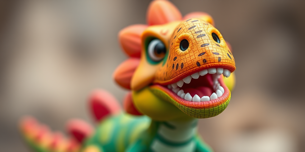 Capture a high-resolution image of a whimsical dinosaur character with vibrant colors and playful features, using a Canon EOS R5 camera, 50mm lens, f/1.8 aperture, ISO 200, and a shallow depth of field to enhance sharpness and detail against a soft blurred background.