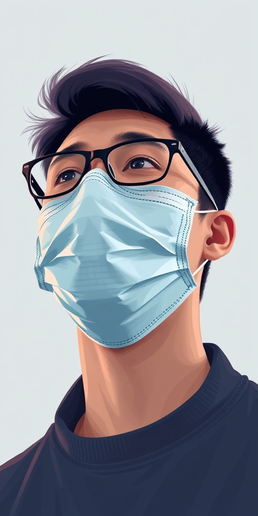 Create a digital illustration of a person wearing glasses and a surgical mask, with a slight upward angle, using a soft color palette, with a focus on detail and texture, captured with a DSLR camera at f/2.8 aperture, ISO 100, in portrait orientation.