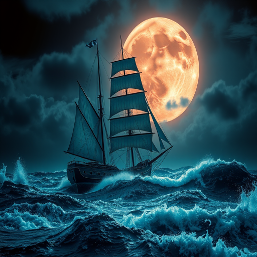 regenerate the image of a majestic sailing ship in turbulent seas under a dramatic blood moon, captured with a Canon EOS R5, 24-70mm lens at f/2.8, ISO 200, shutter speed 1/125s, in high dynamic range, wide-angle view, vibrant colors and sharp details to enhance the atmospheric effects