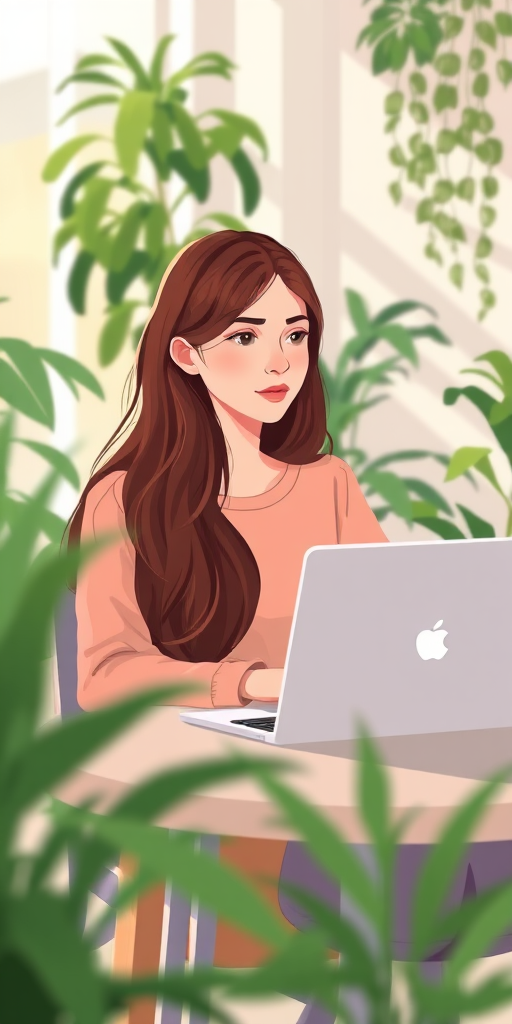 create an illustration of a young woman with long brown hair sitting at a desk with a laptop, looking pensive, surrounded by indoor plants, in a warm pastel color palette, shot with a Canon EOS R, 50mm lens, f/1.8 aperture, soft natural lighting, and a shallow depth of field to enhance focus on the subject