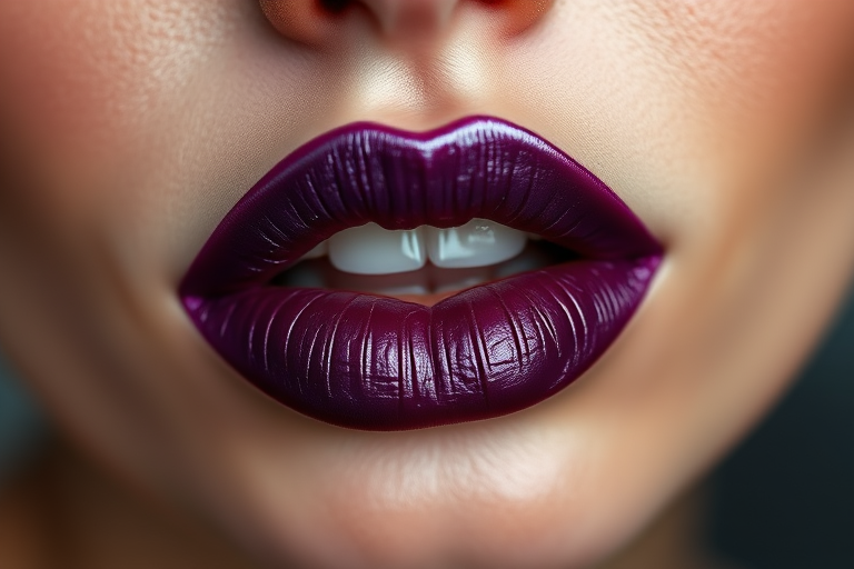Opulent jewel-toned lips in rich amethyst, featuring a metallic sheen that catches the light and adds depth to the color