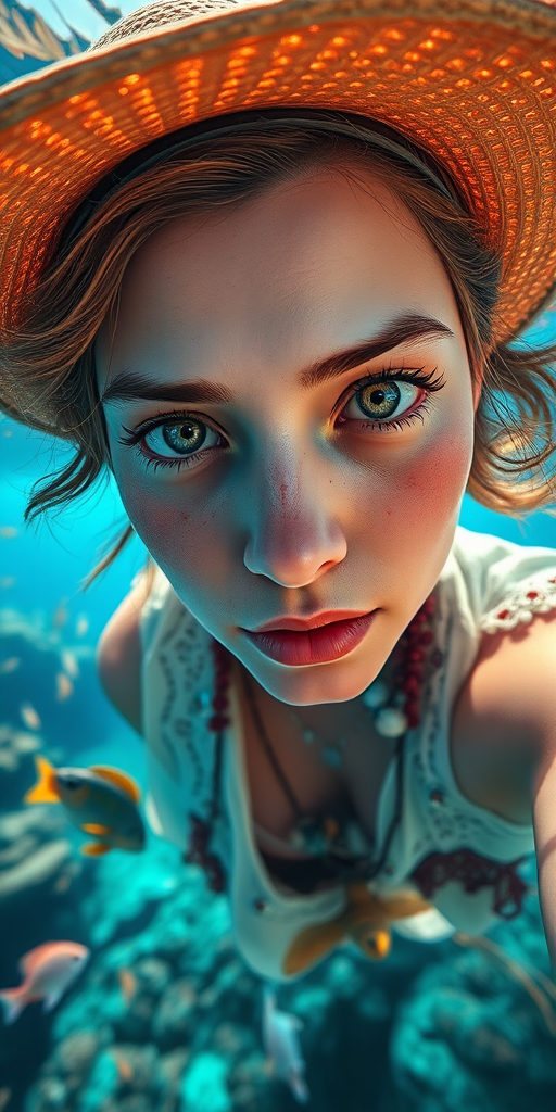 Realistic selfie image of a Romani, wearing a vintage outfit, detailed dreamy eyes, droopy hooded eyes, staring at the camera, taken underwater at coral reef with a sunbeam filtering through the water, vibrant, summer vacation, natural lighting, turtle and school of tropical fish with vibrant colors, rendered in the style of CryEngine, Pegi Nicol MacLeod, with realistic genre scenes, hauntingly beautiful narratives, ultra-realism, and Thomas Saliot's close-up technique, 8K resolution, crystal clear and sparkling water.