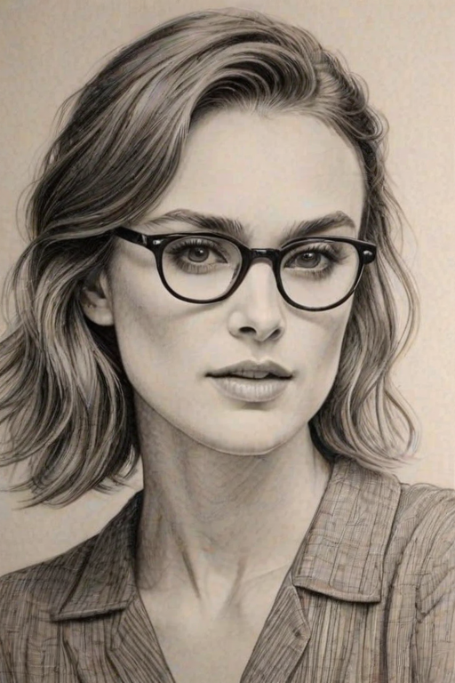 Graceful Keira Knightley, pencil sketch, portrait of Gorgeous woman 1935s in glasses, hair style beatnik, outline, clear lines, fine lines, 8k