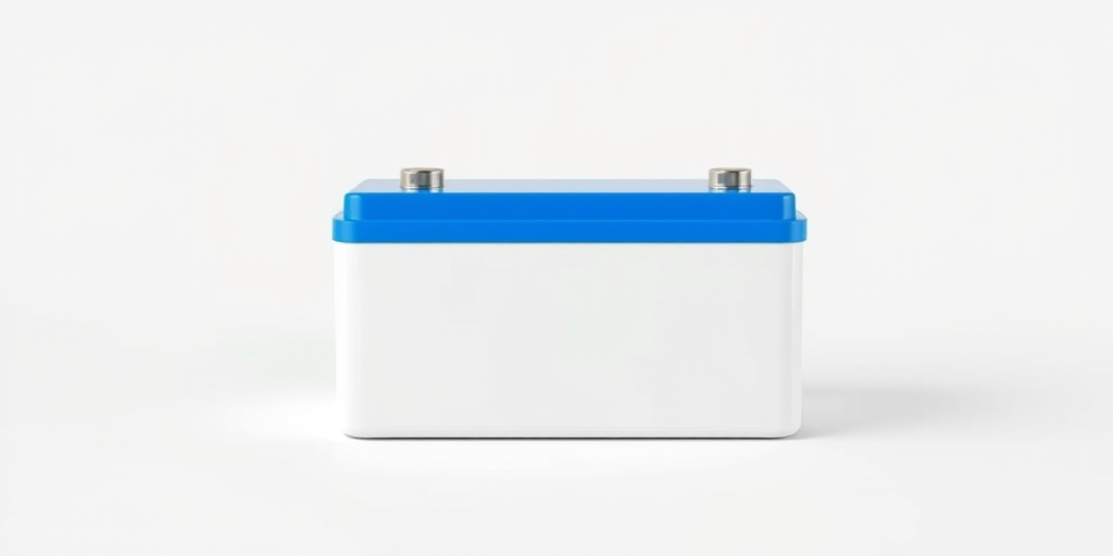 Create a high-resolution 3D rendering of a rectangular battery with a blue top and white body, using a DSLR camera with a 50mm lens, aperture f/8, ISO 100, and soft studio lighting for a professional look.