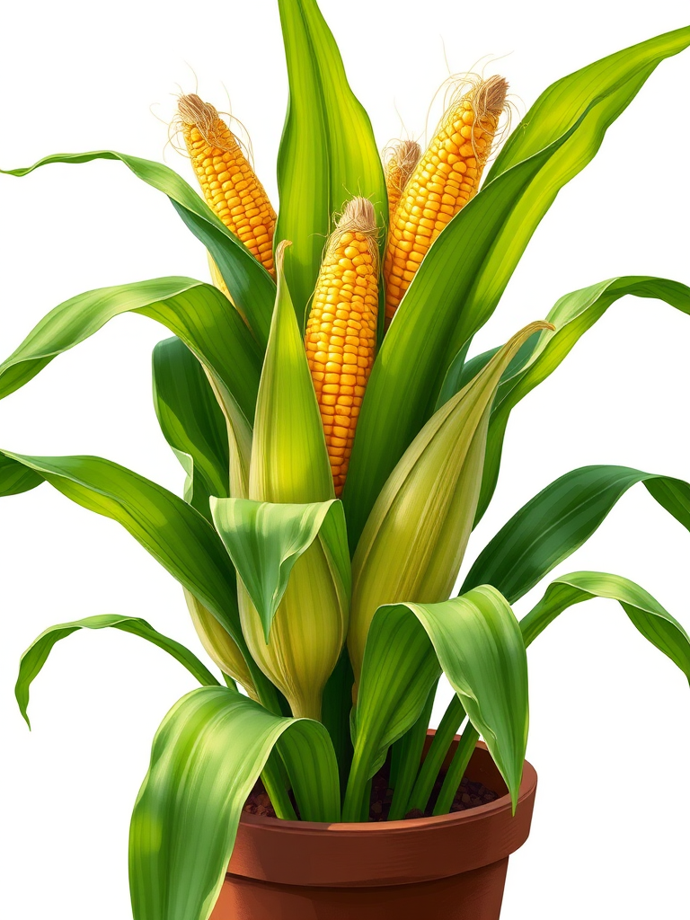 Create a detailed illustration of a vibrant corn plant in a pot, showing lush green leaves and corn ears, captured with a macro lens at f/2.8, ISO 100, 50mm focal length, soft natural lighting for enhanced clarity and color.