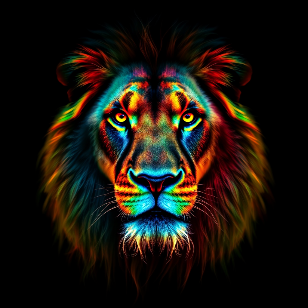 Create a highly detailed, glowing portrait of a lion with vibrant colors against a black background, using a DSLR camera with an aperture of f/2.8, ISO 100, 50mm lens, and a soft focus effect to enhance texture and depth.