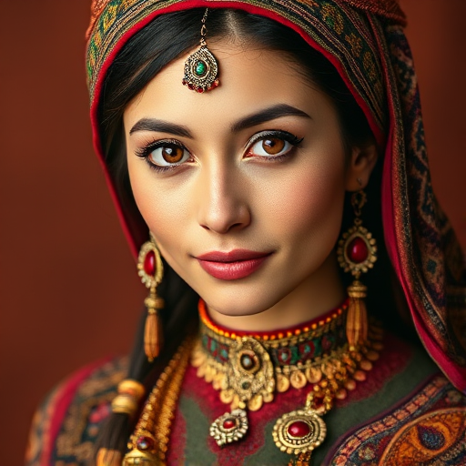 Create a portrait of a beautiful Kyrgyz woman with striking red eyes and a gentle expression. She is adorned in traditional attire with intricate patterns, including a richly embroidered headscarf and matching garments. Her jewelry includes a delicate headpiece, dangling earrings, and ornate bracelets, all featuring vibrant gemstones and detailed metalwork. The background is soft and warm, enhancing the rich colors of her outfit and jewelry.