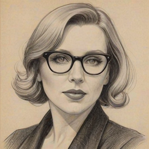 Fascinating June Diane Raphael, pencil sketch, portrait of Dazzling woman 1928s in glasses, hair style beatnik, outline, clear lines, fine lines, 8k