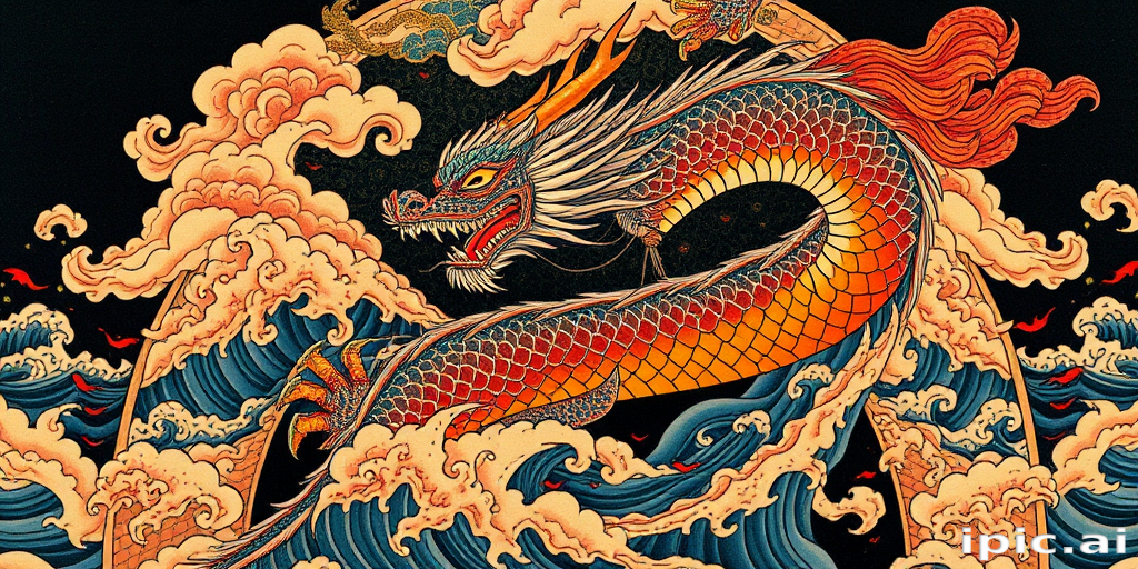 Japanese irezumi-inspired full back tattoo named "Dragon's Ascent" portraying a fierce dragon emerging from stormy waves with intricate scales and clouds in rich blues, reds, and gold