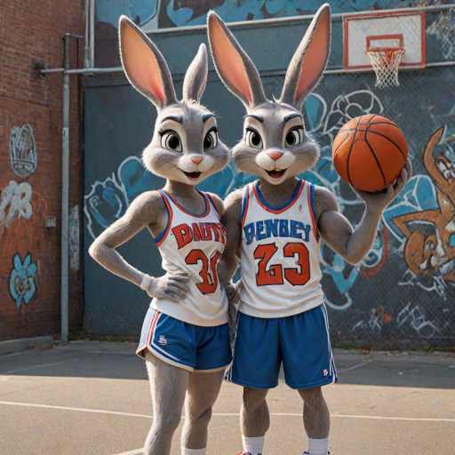 Design an Above the Rim poster featuring Bugs Bunny as Kyle and Lola Bunny as Shep. Bugs is dressed in a basketball jersey and shorts, holding a basketball with a confident expression, while Lola stands beside him in athletic gear, looking determined. The background features an urban basketball court with a wire fence, streetlights, and graffiti. The title "Above the Rim" appears in bold red letters at the top, keeping the original street basketball vibe