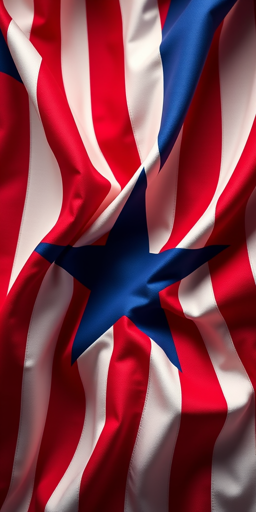 Create a high-resolution 3D image of a waving American flag intertwined with a blue and white star, using a DSLR camera with a 50mm lens at f/2.8, ISO 100, and a soft light setup for enhanced contrast and depth.