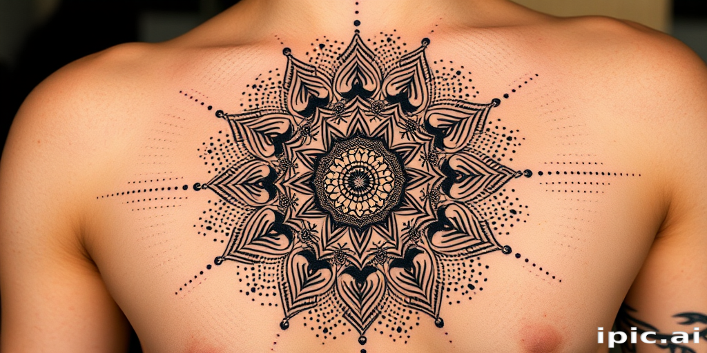 Dotwork mandala tattoo called "Cosmic Symmetry" showcasing intricate patterns and sacred symbols meticulously crafted using thousands of tiny dots gradually fading from dense to sparse