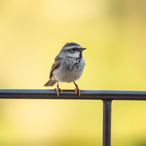 high-resolution image of a small bird perched on a thin metal rail, captured with a 50mm lens at f/2.8, ISO 200, shutter speed 1/500s, taken from a slightly low angle with natural soft lighting for enhanced clarity and detail