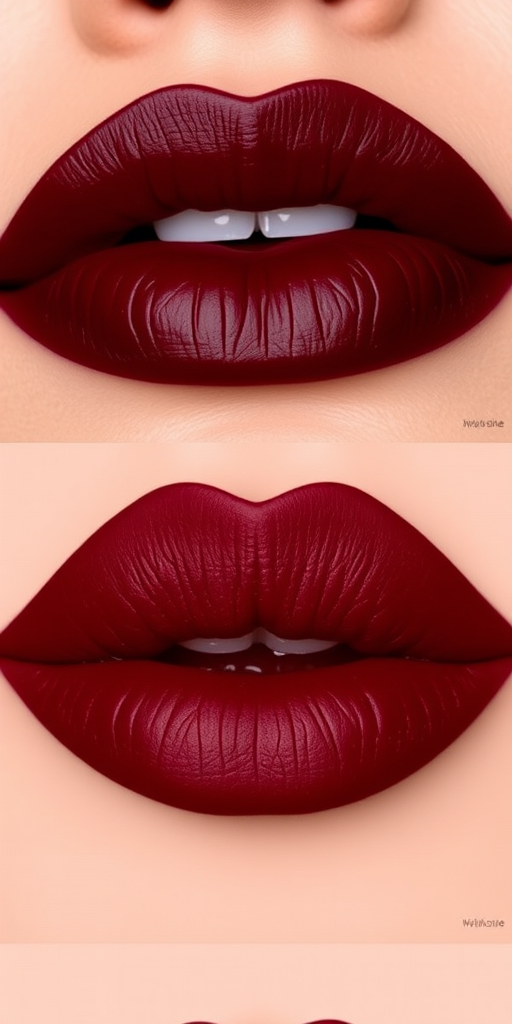 Sultry "Burgundy Wine" lips boasting a rich, dark red color with a satin finish, emphasizing a bold cupid's bow and fuller bottom lip