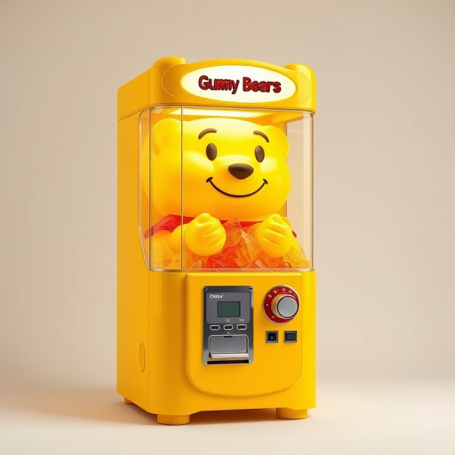 Create a high-resolution image of a large, yellow gummy bear vending machine with a cheerful expression, positioned against a clean, neutral background, using a DSLR camera with a 50mm lens, aperture f/2.8, ISO 100, and a soft box for even lighting.
