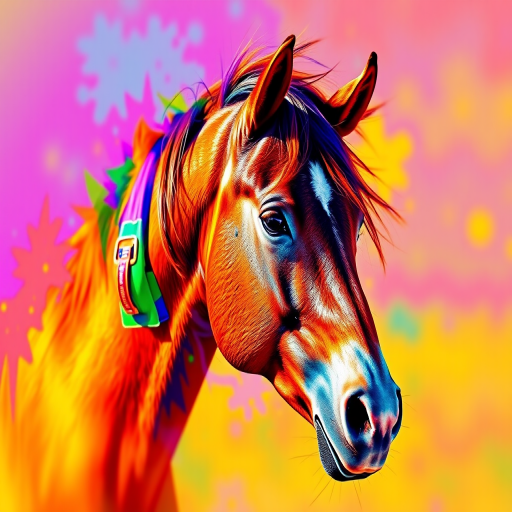 Create a vibrant and artistic image of a horse's head in an abstract style with vivid colors, using a DSLR camera at f/2.8 aperture, 50mm lens, ISO 100, and a high saturation filter.