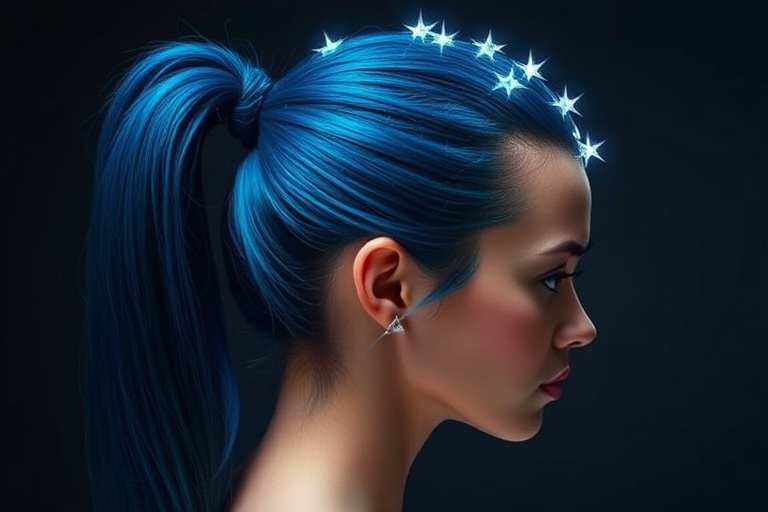 Midnight blue hair styled in a sleek high ponytail with a crown of holographic stars circling the head, creating an otherworldly galaxy-inspired look.