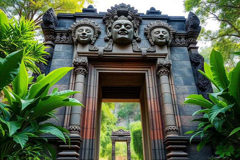 high-resolution image of an ancient stone gateway with intricate carvings and faces amidst lush greenery, captured from a low angle with a 24mm lens, f/8 aperture, ISO 200, using a DSLR camera in vibrant daylight for enhanced detail and clarity