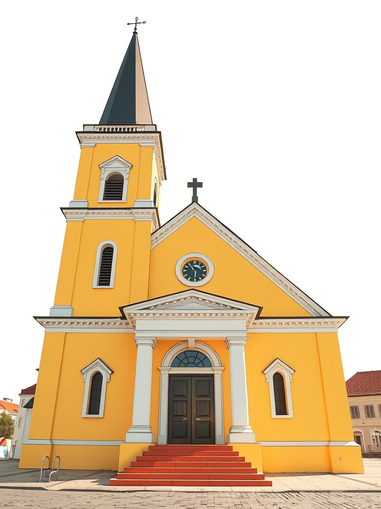 Create a high-resolution illustration of a quaint church with a clock on the tower, featuring a yellow facade, using a Canon EOS R5 with a 24-70mm f/2.8 lens, at f/8, ISO 100, and a wide-angle perspective to capture the structure in bright, even lighting.