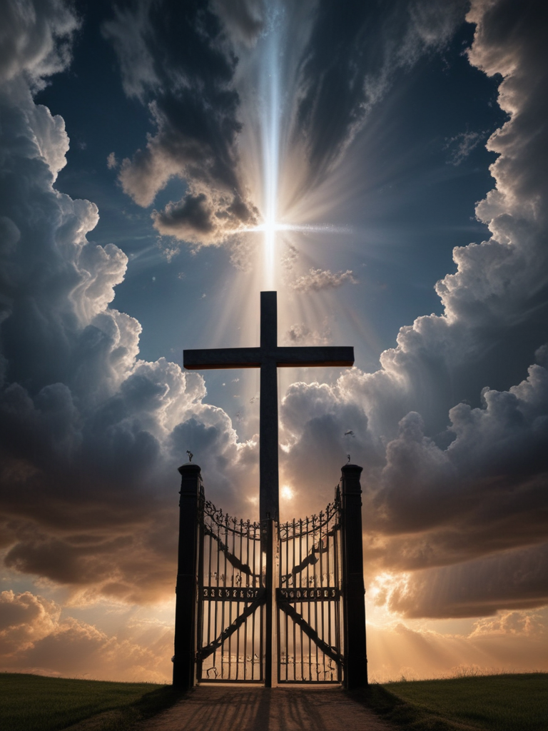 Heavenly clouds in dark skies with the gates to heaven and a cross in ...