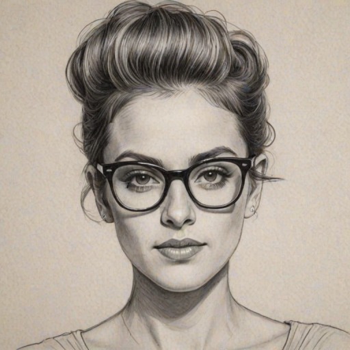 Sublime Samantha Ronson, pencil sketch, portrait of Alluring woman 1956s in glasses, hair style beatnik, outline, clear lines, fine lines, 8k